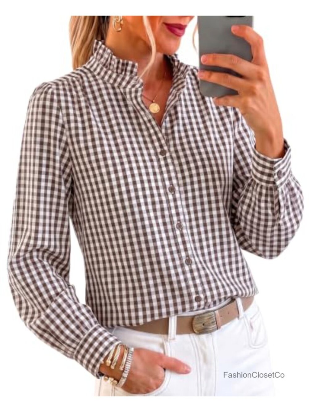 Puff Sleeve Ruffle Collar Button Down Shirt Relaxed Fit Office Blouse